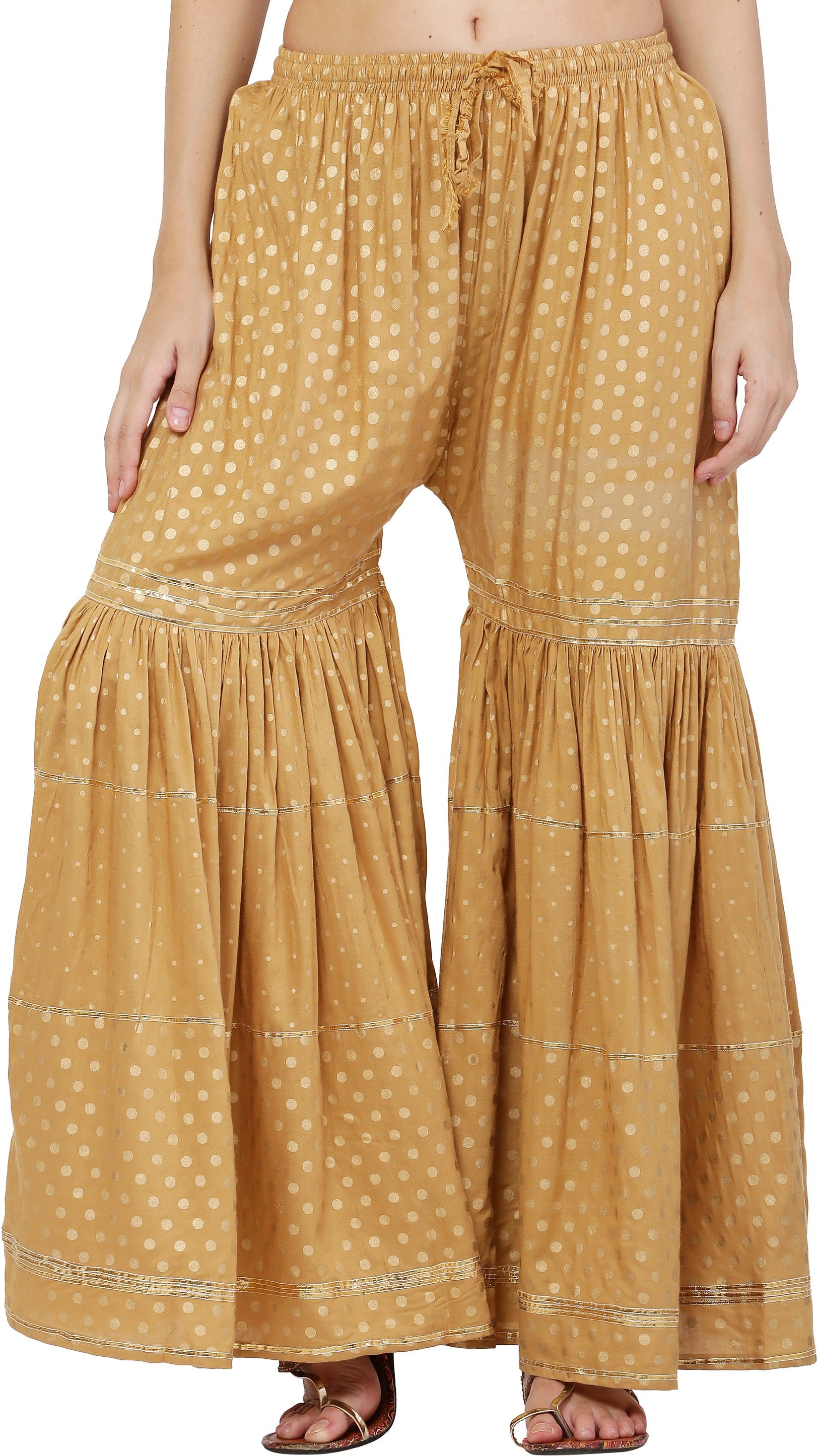PAVONINE Beige Color 3-Panels Golden Printed Flared Sharara For Women & Girls - Distacart