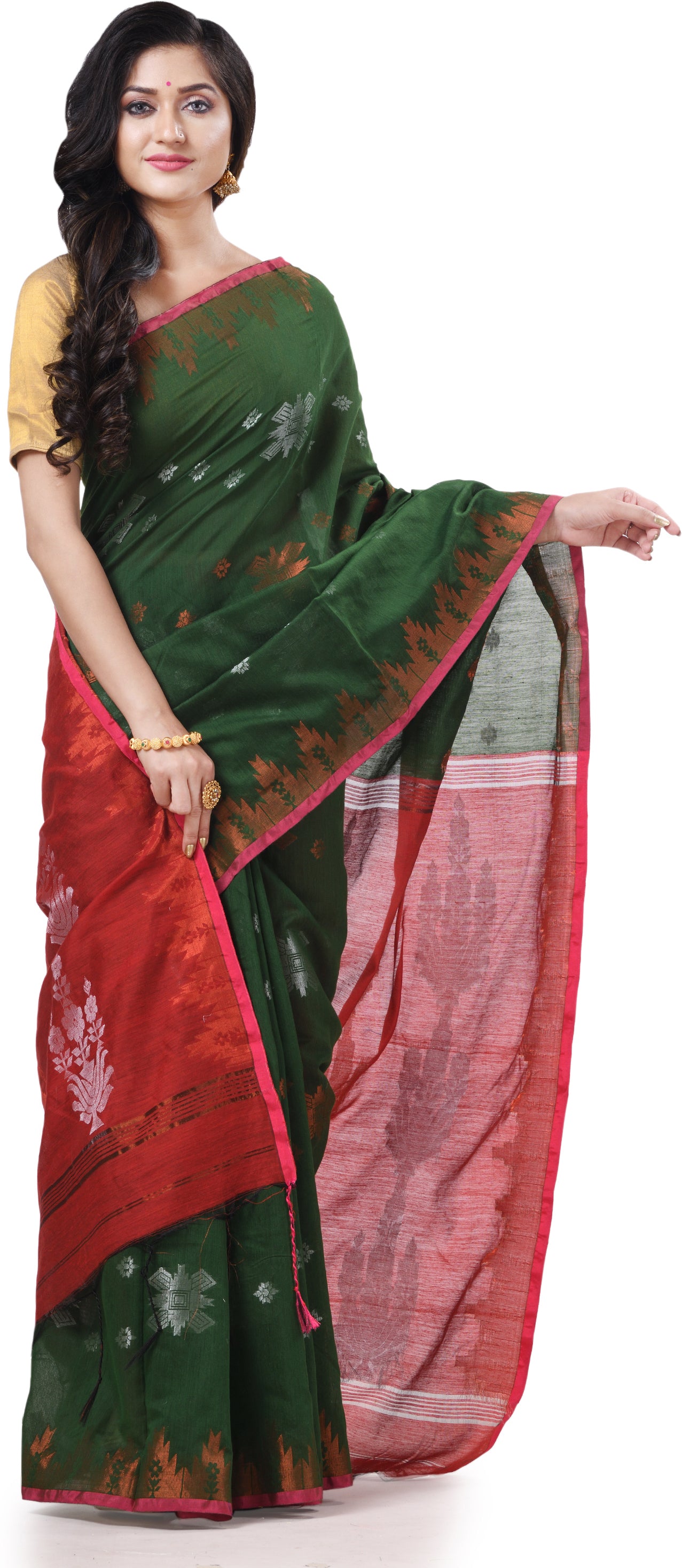 Desh Bidesh Woven Handloom Cotton Silk Saree (Green) - Distacart