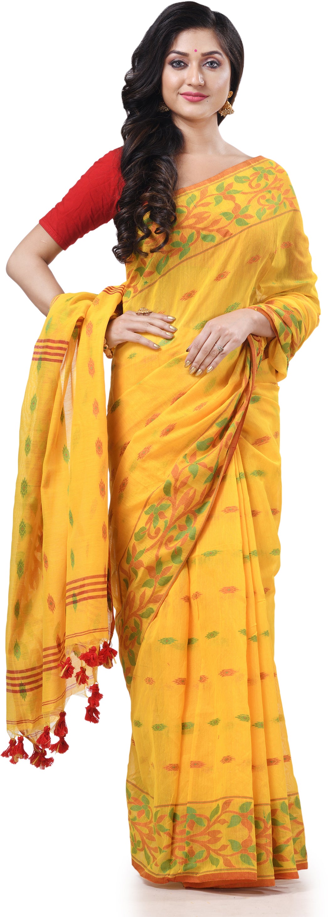 Desh Bidesh Woven Handloom Cotton Silk Saree (Yellow) - Distacart