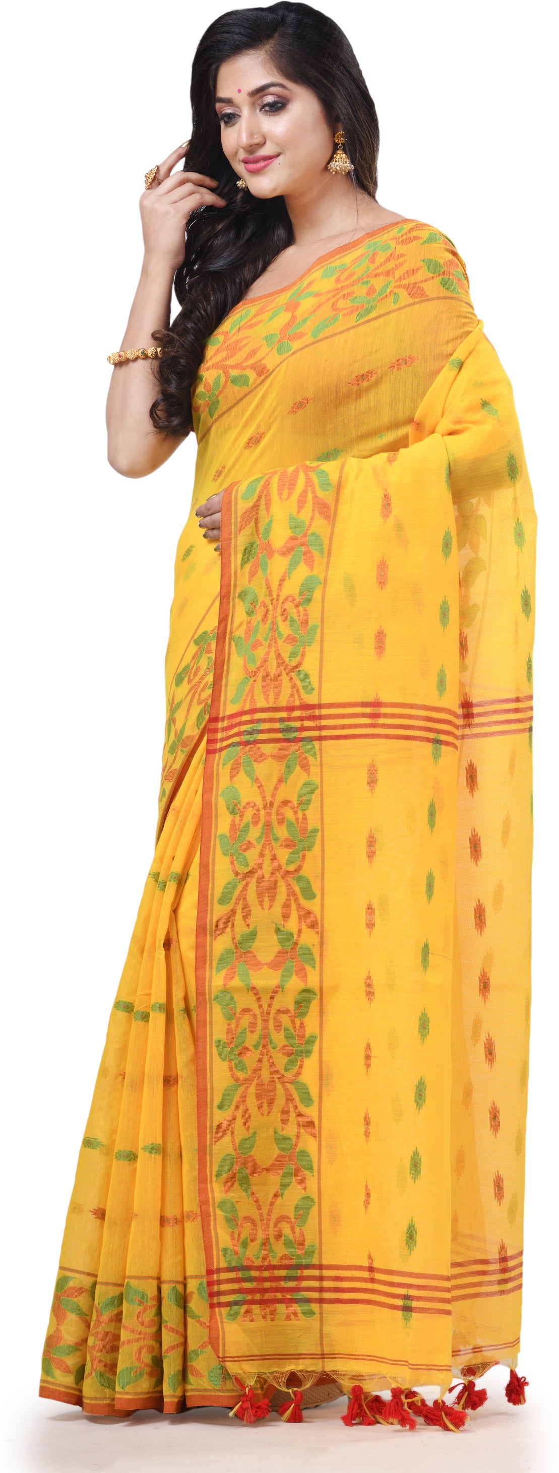 Desh Bidesh Woven Handloom Cotton Silk Saree (Yellow) - Distacart