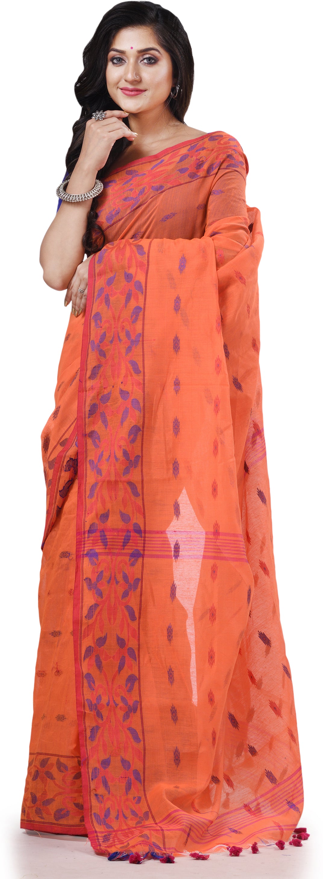 Desh Bidesh Woven Handloom Cotton Silk Saree (Orange) - Distacart