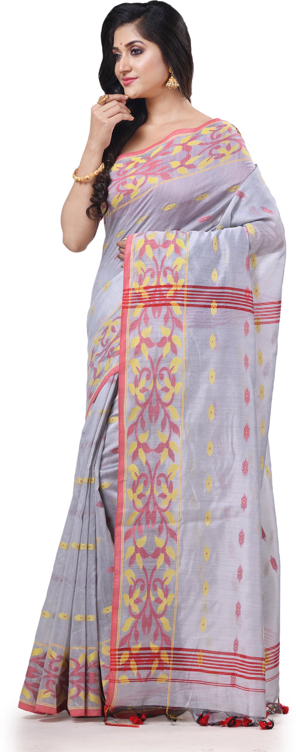Desh Bidesh Woven Handloom Cotton Silk Saree (Silver) - Distacart