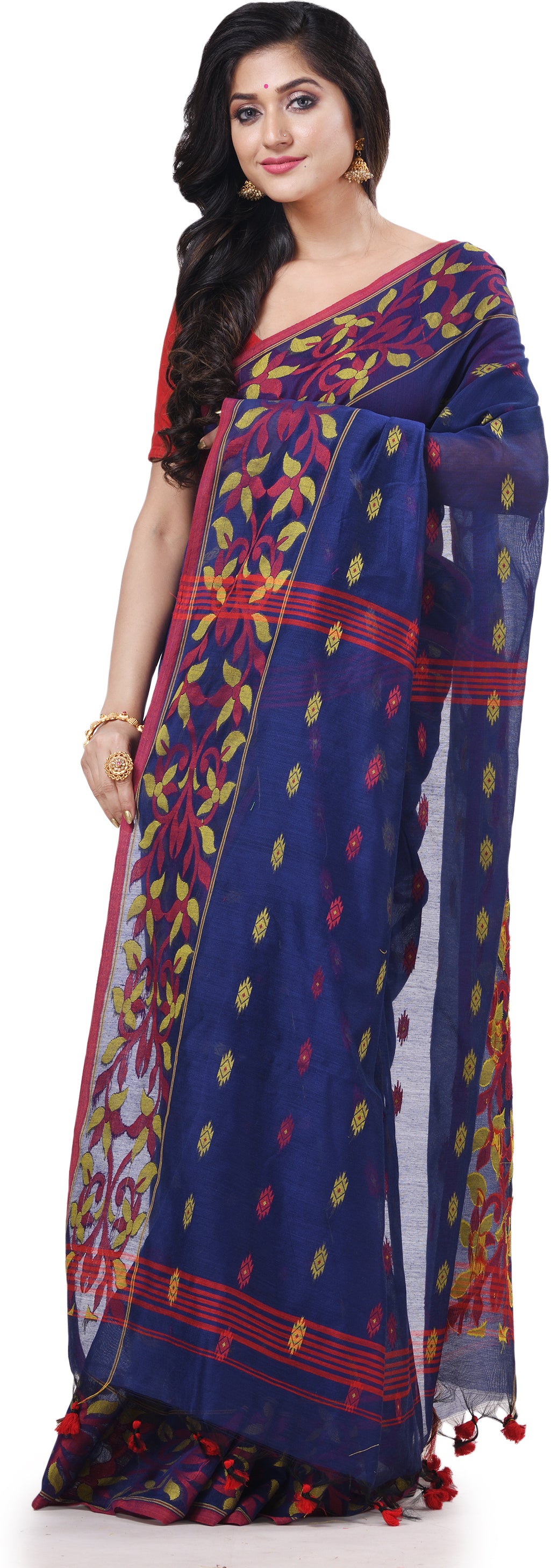 Desh Bidesh Woven Handloom Cotton Silk Saree (Blue) - Distacart