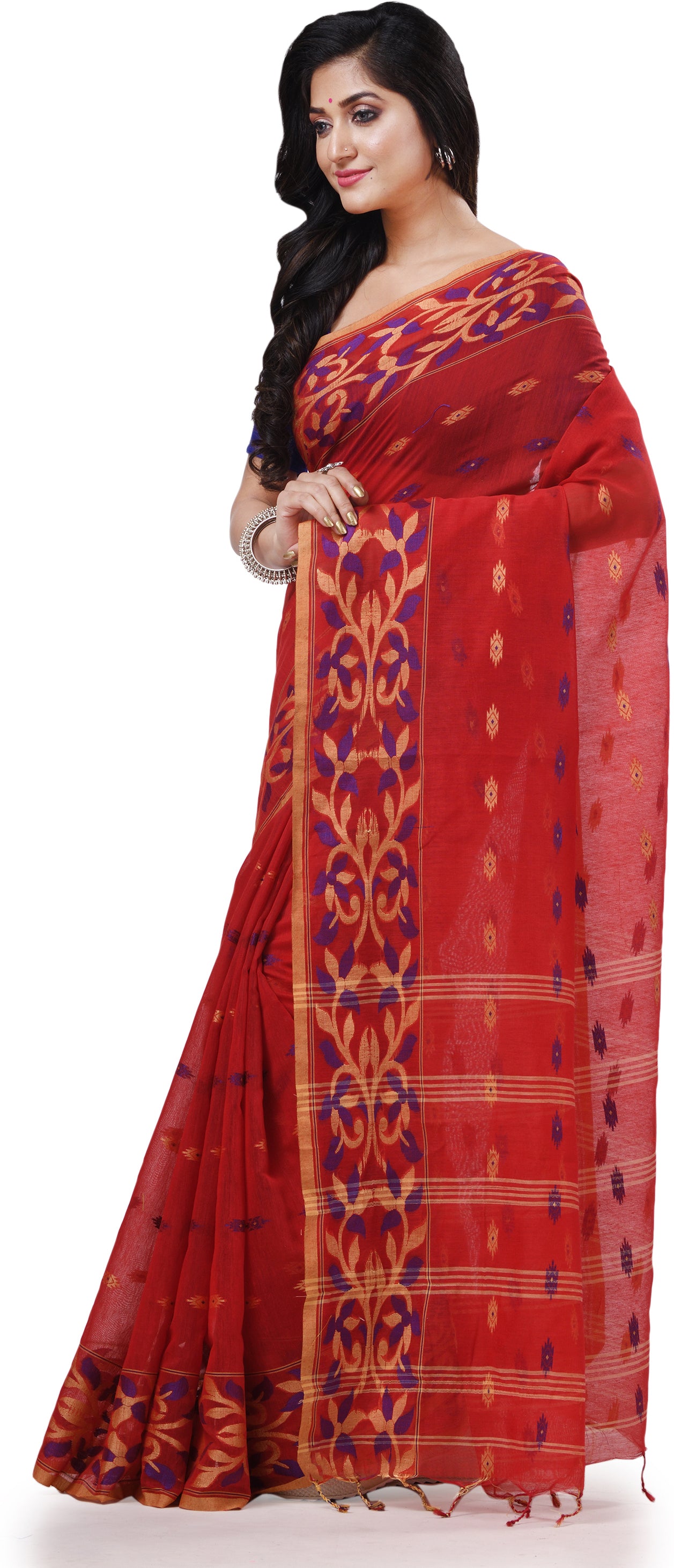 Desh Bidesh Woven Handloom Cotton Silk Saree (Red) - Distacart