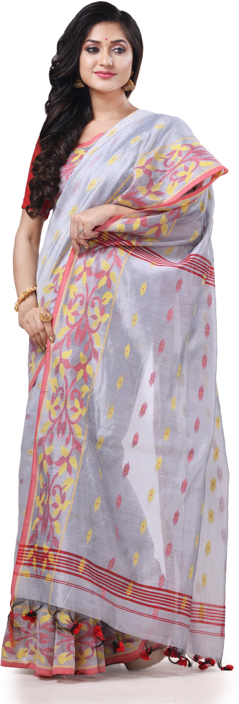 Desh Bidesh Woven Handloom Cotton Silk Saree (Silver) - Distacart