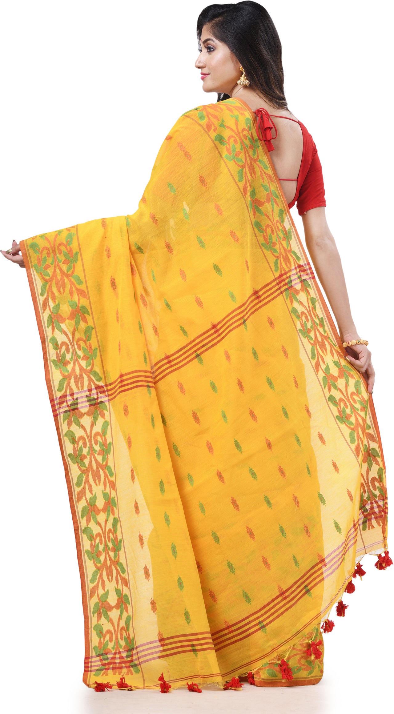 Desh Bidesh Woven Handloom Cotton Silk Saree (Yellow) - Distacart