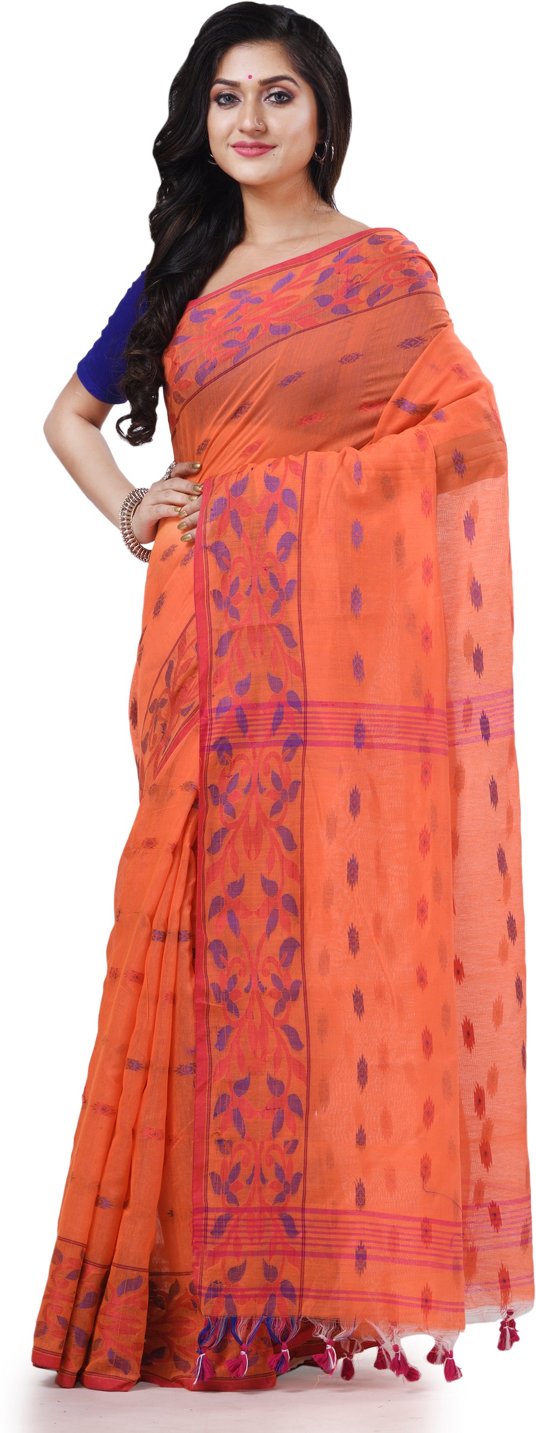Desh Bidesh Woven Handloom Cotton Silk Saree (Orange) - Distacart