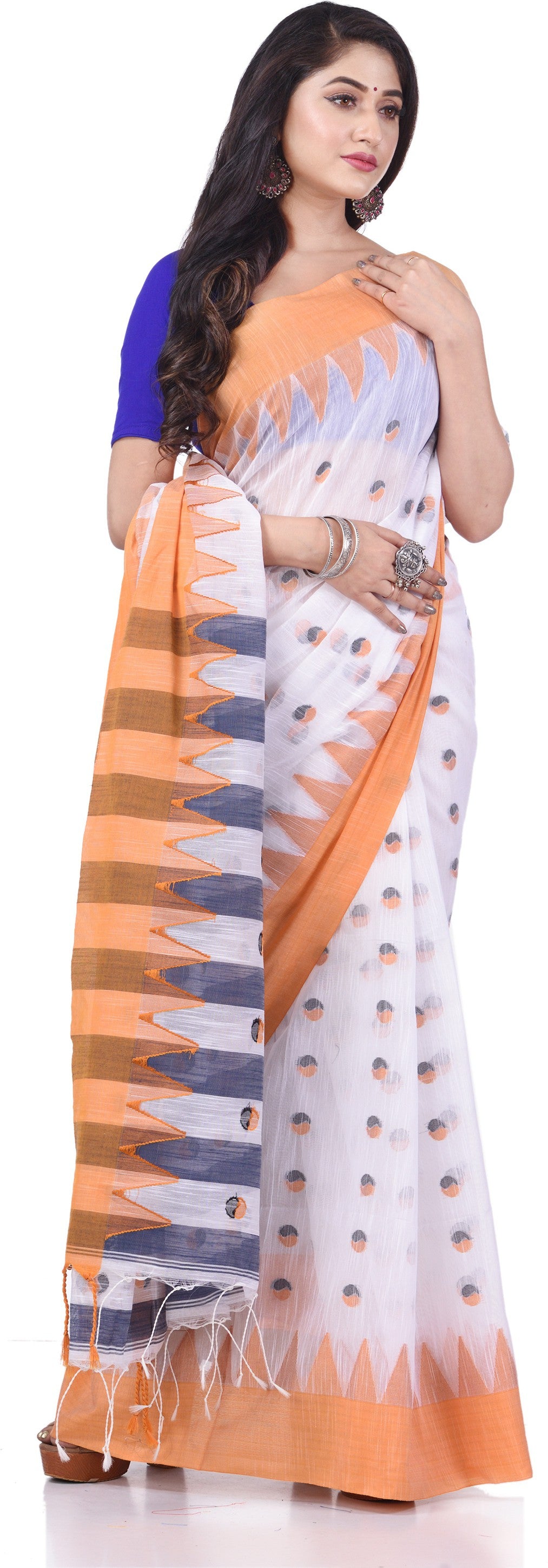 Desh Bidesh Woven Tant Handloom Pure Cotton Saree (White, Orange) - Distacart