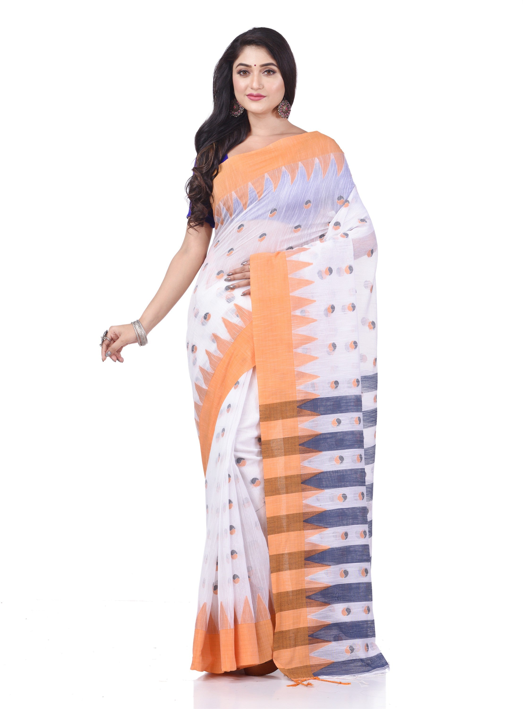 Desh Bidesh Woven Tant Handloom Pure Cotton Saree (White, Orange) - Distacart