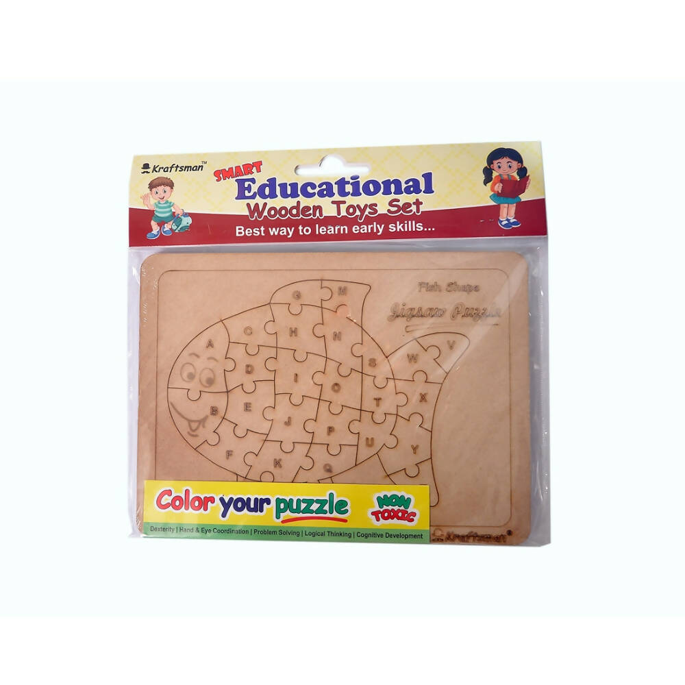 Kraftsman English Alphabets Wooden Jigsaw Puzzles Fish Shape Puzzle | Color Kit Included - Distacart
