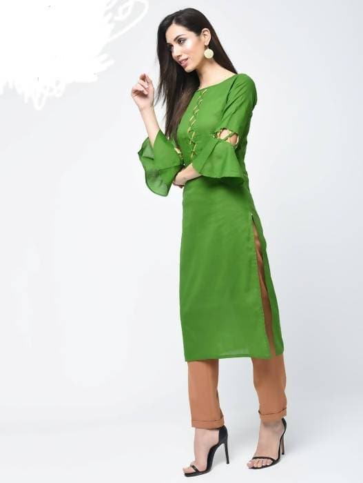 Aniyah Cotton Criss Cross Bell Sleeves Straight Kurta In Green (AN-101A)