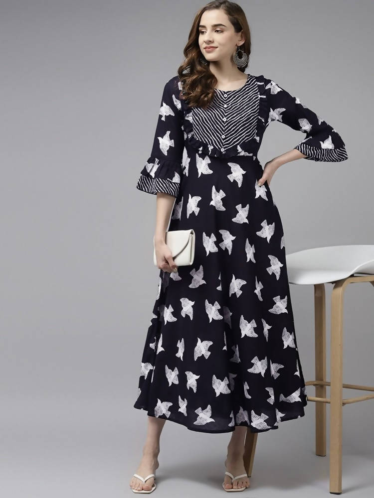 Yufta Black & White Pure Cotton Bird Print Maxi Flared Dress