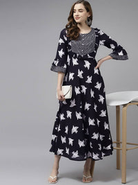 Thumbnail for Yufta Black & White Pure Cotton Bird Print Maxi Flared Dress