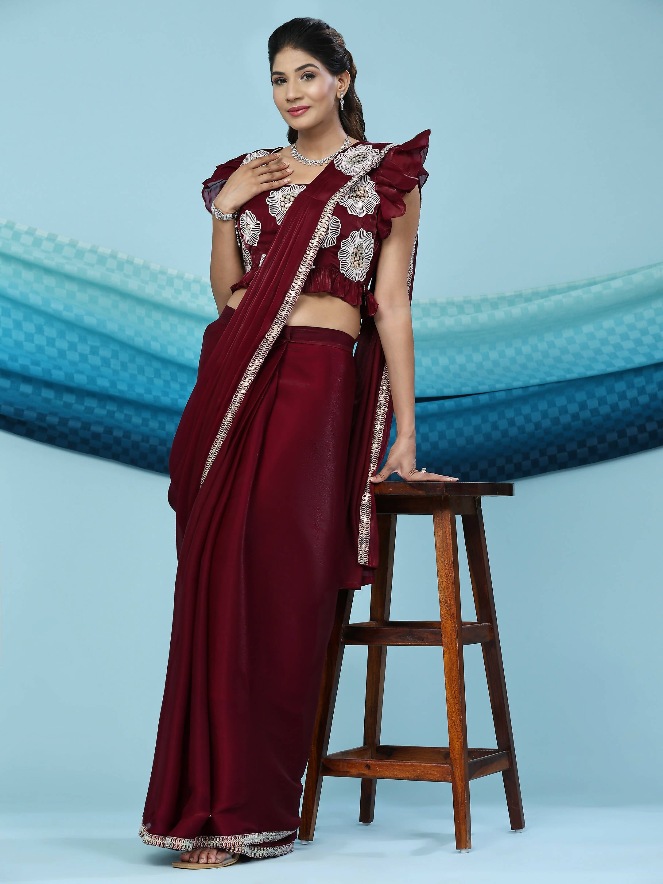Maroon Silk Satin Sequence Work Ready to Wear Saree with stitched Blouse - Nirvana - Distacart