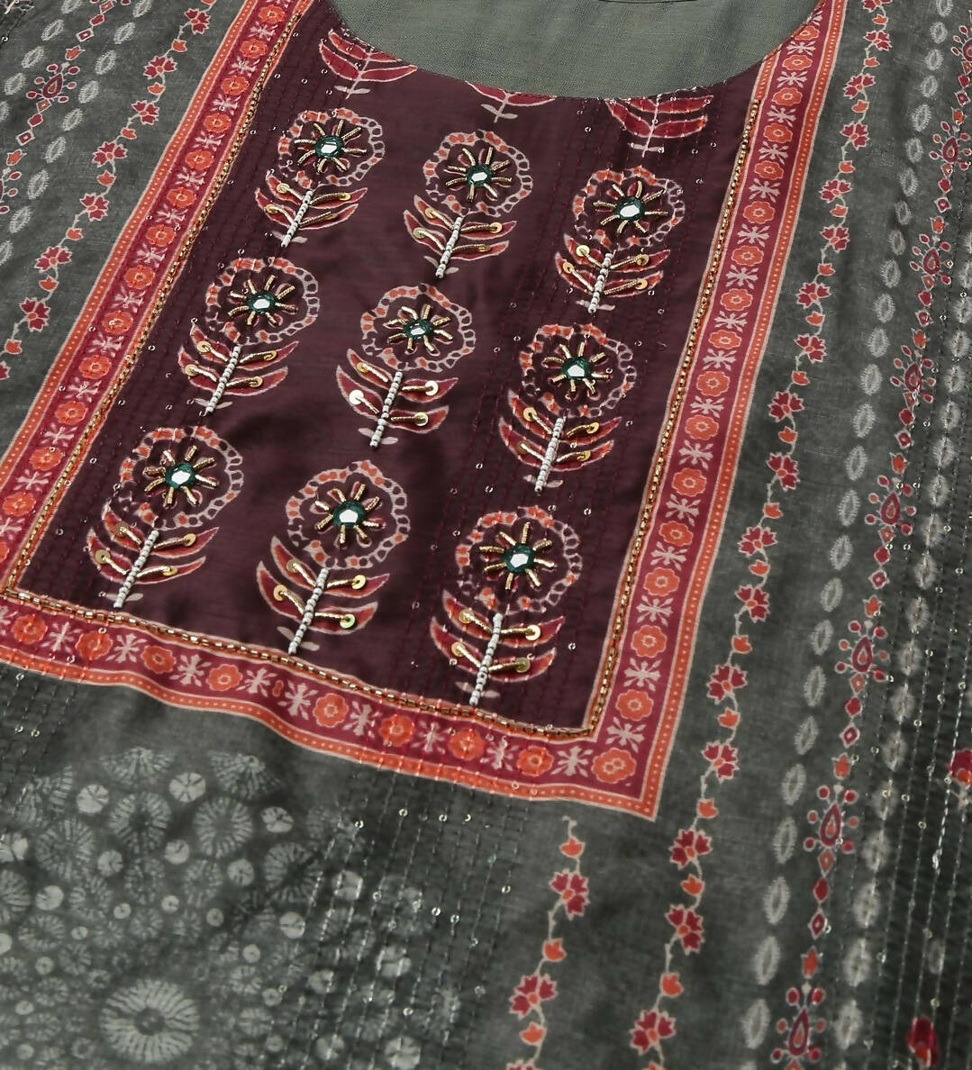 Dark Green Chinon Digital Printed With Hand Work Kurta - Himanshi - Distacart