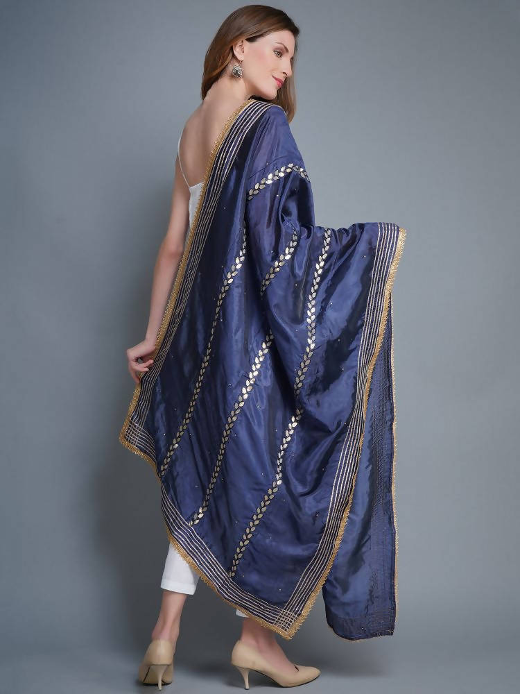 Shehnaai Navy Blue Artsilk Dupatta With Sarwoski And Gota Aari Embroidery