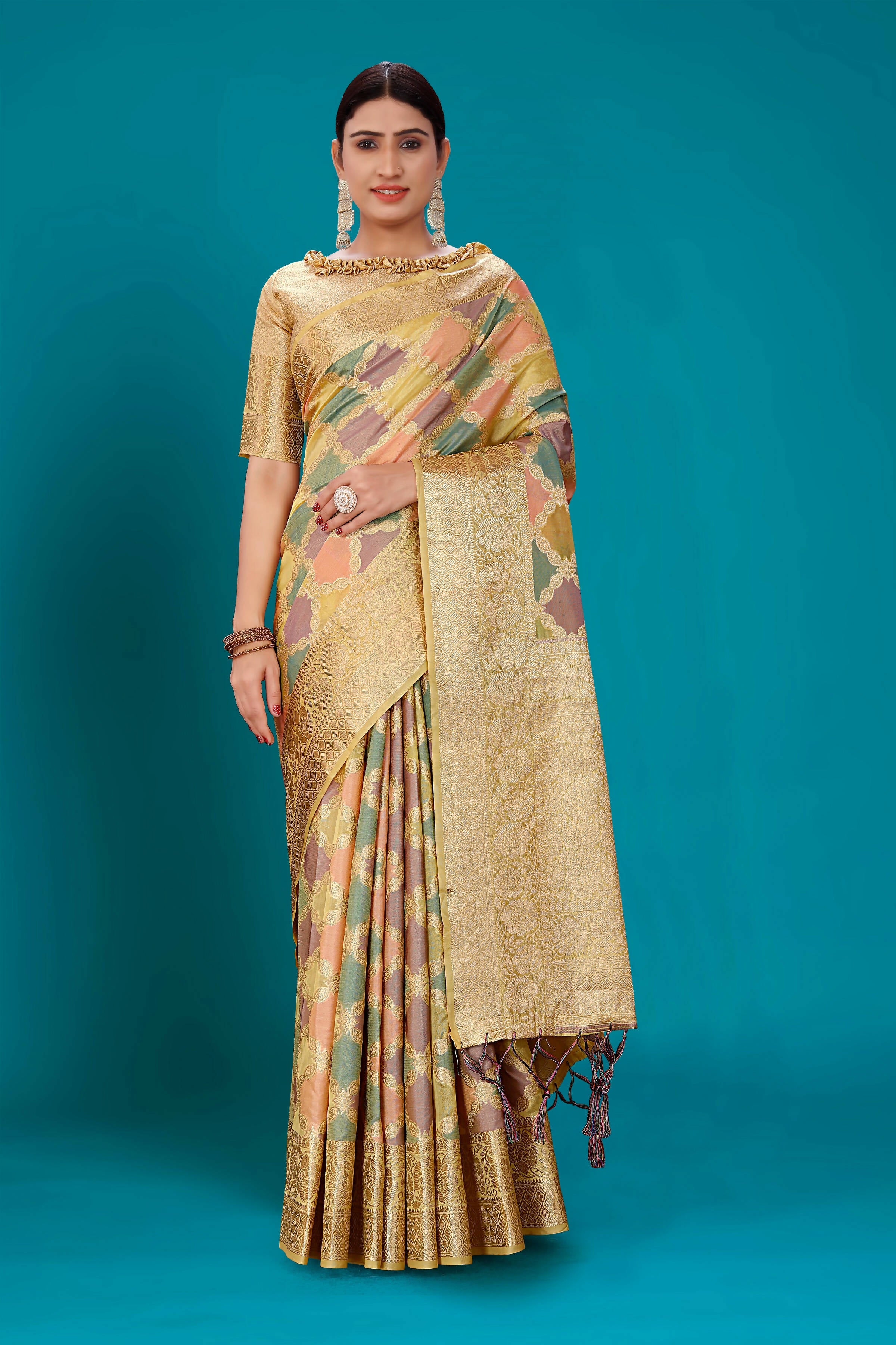 Beige Soft Organza Woven Design Saree with Unstitched Blouse Piece - Zaara - Distacart