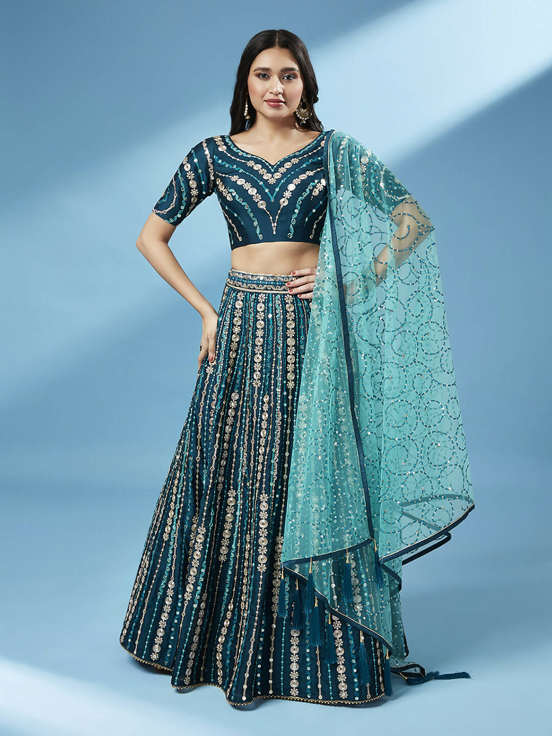 House of Panchhi Teal Pure Georgette Sequinse Work Lehenga & Blouse with Dupatta - Distacart