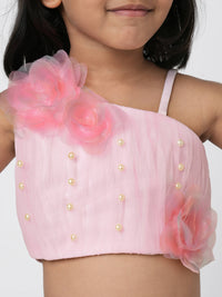 Thumbnail for Lil Drama Paris Nights Girls Pink 3D Flower Embellished Lehanga Top - Distacart