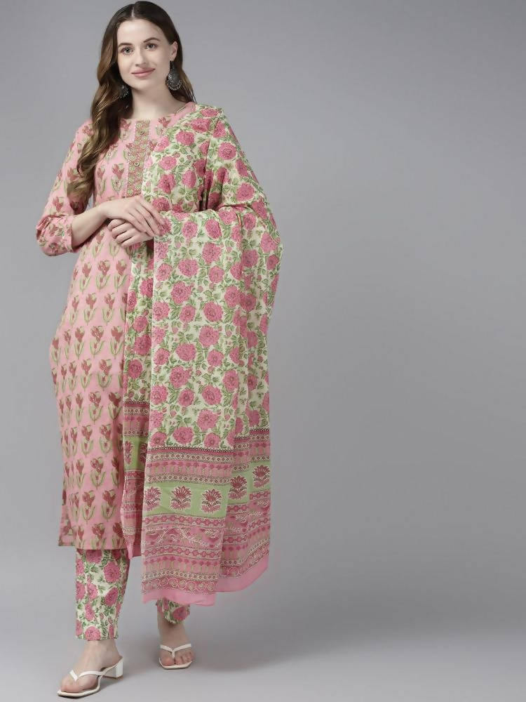 Yufta Women Pink Floral Print Aari Work Pure Cotton Kurta with Palazzo and Dupatta