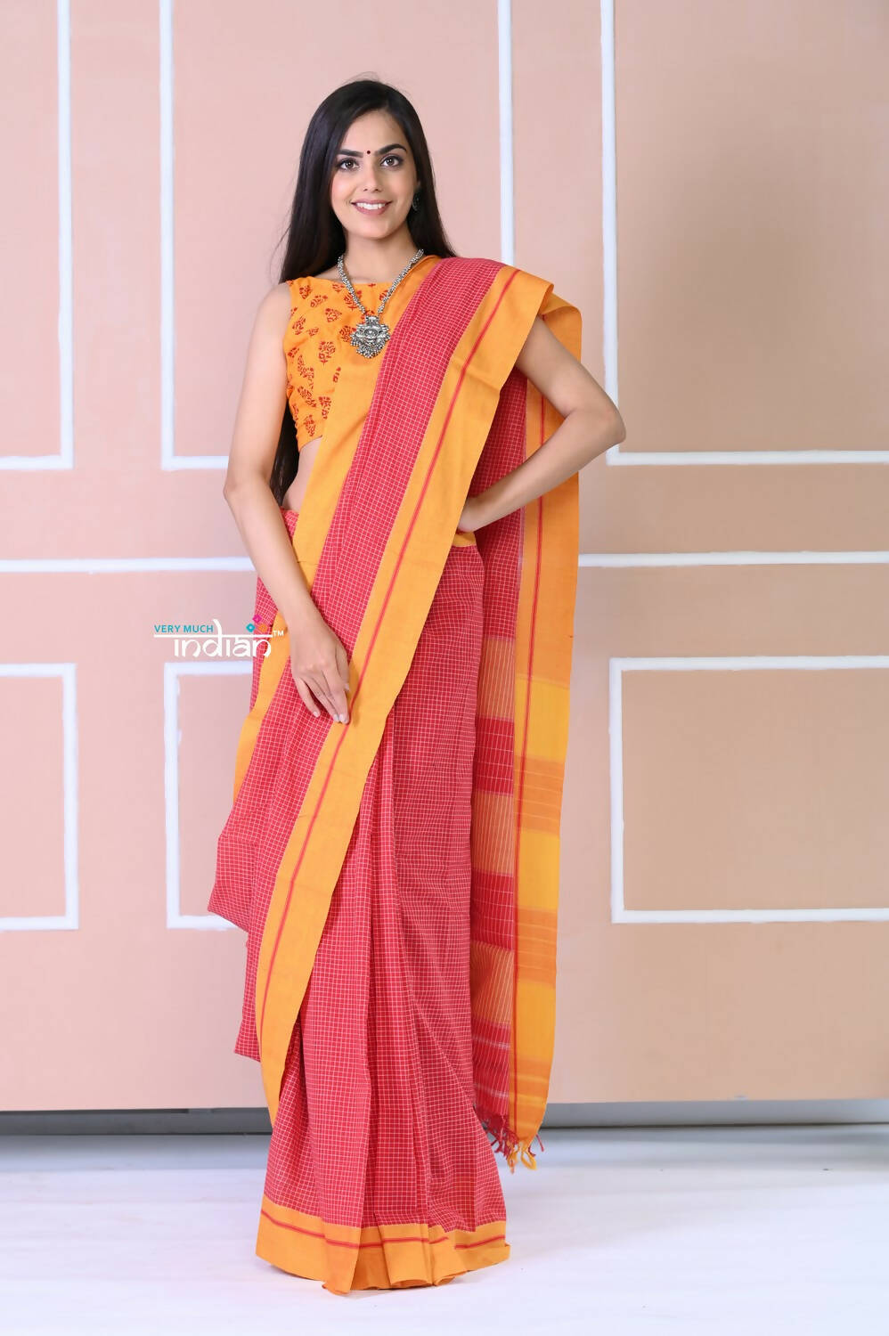 Very Much Indian Traditional Patteda Anchu Ilkal Handloom Saree-Disperse Orange - Distacart