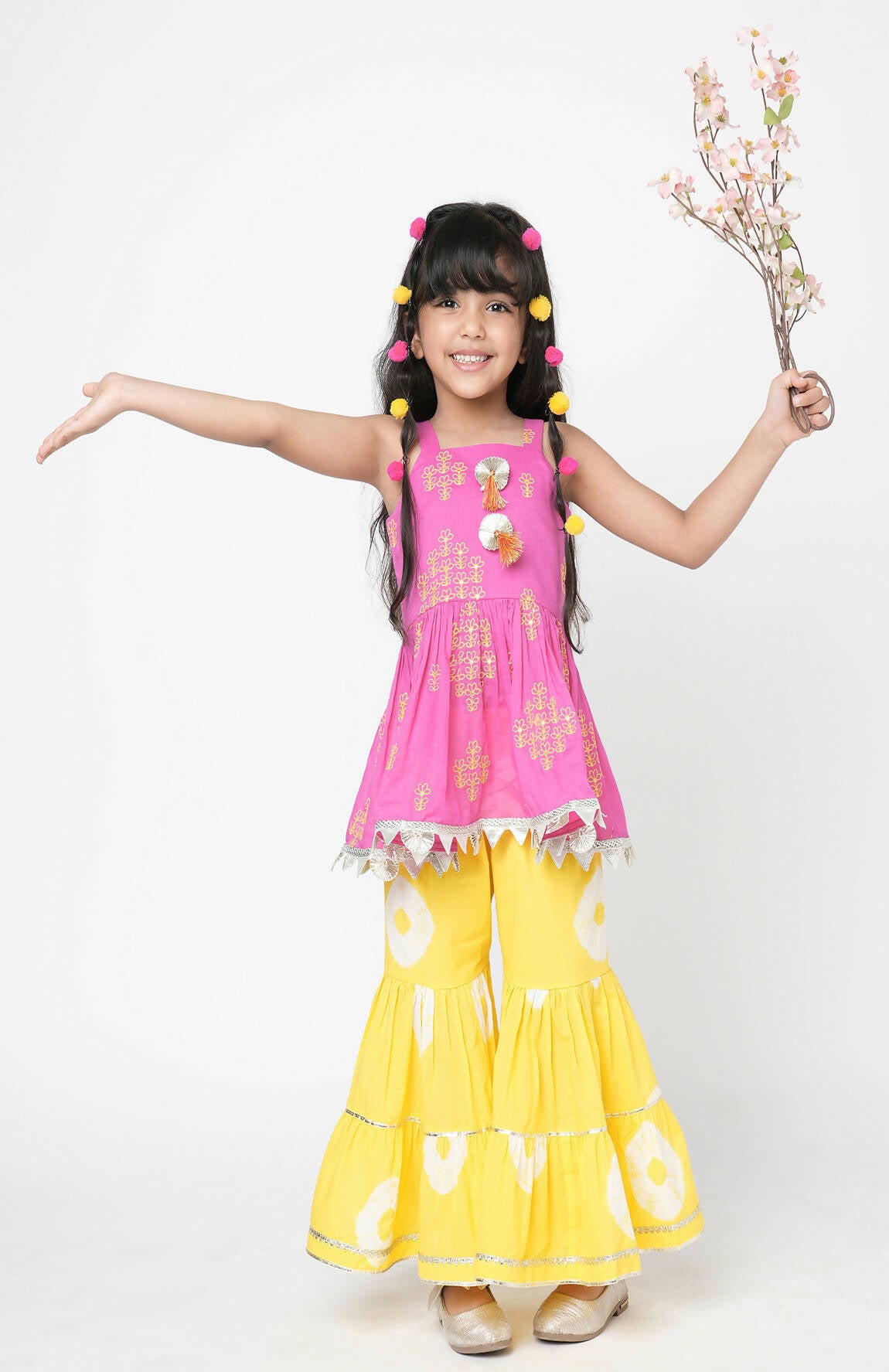 Lil Drama Marigold Magic Girls Pink Embroidered Kurta With Sharara Set - Distacart