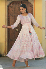 Thumbnail for Juniper Women's Pink Viscose Shantoon Festive Printed Flared Dress - Distacart