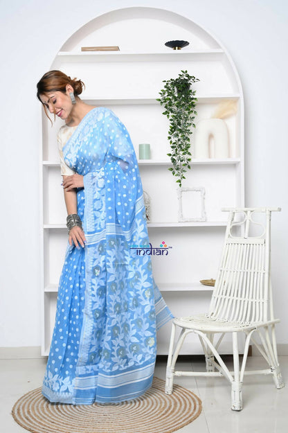 Very Much Indian Jamdhani Cotton Saree - Powder Blue - Distacart