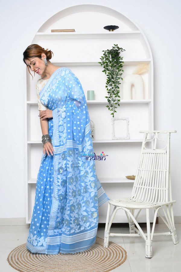 Very Much Indian Jamdhani Cotton Saree - Powder Blue - Distacart
