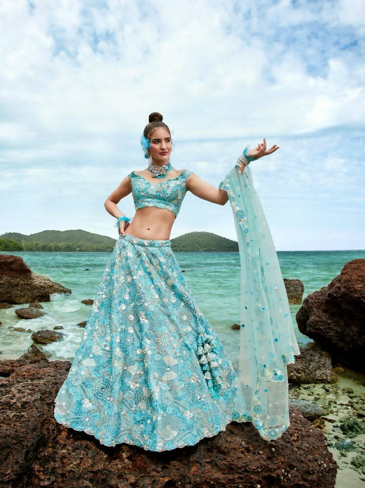 House of Panchhi Sky Blue Organza Sequins, Zarkan And Thread Embroidery Lehenga Choli & Dupatta - Distacart