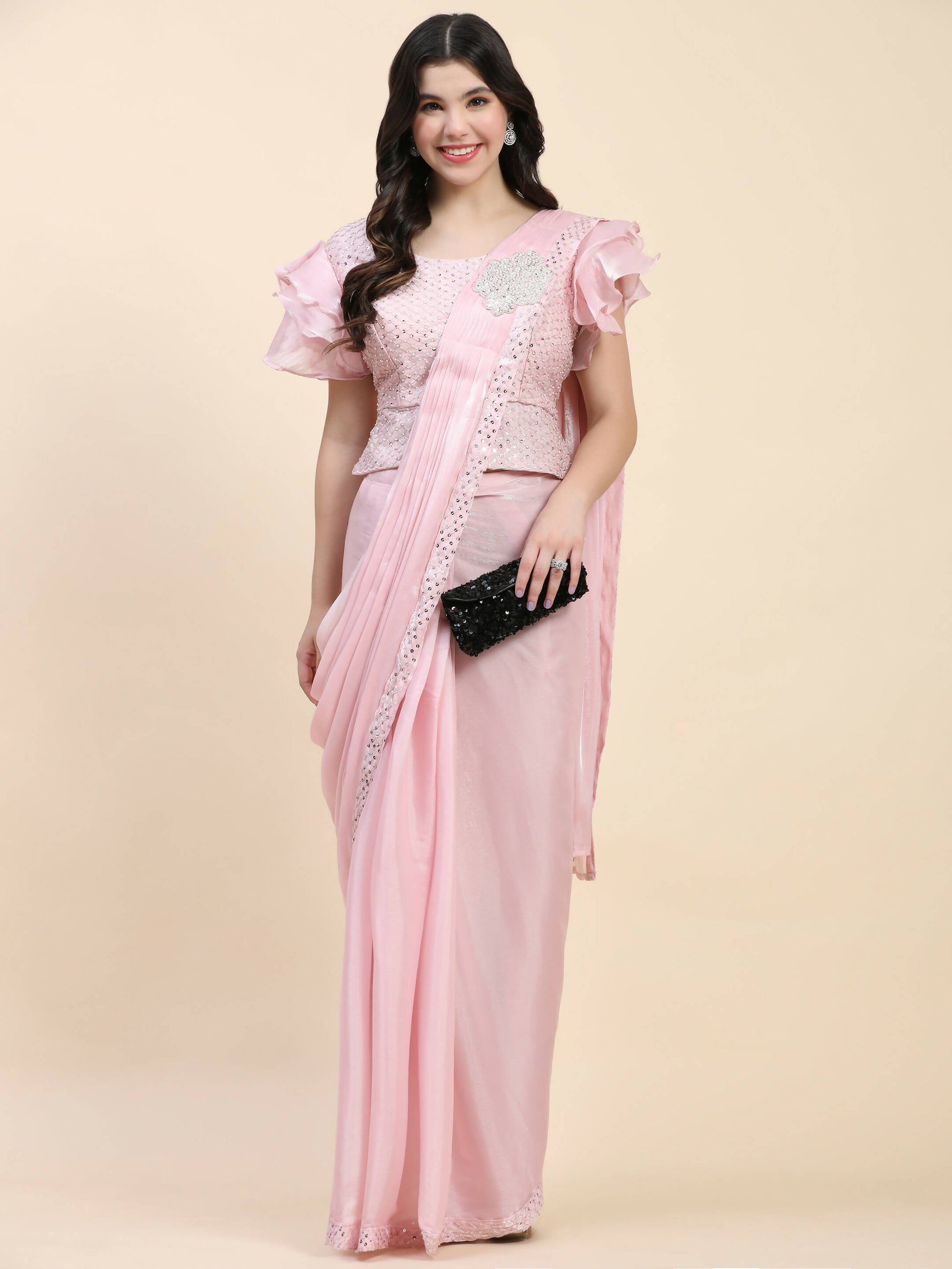 Pink Silk Satin Sequence Work Ready to Wear Saree with stitched Blouse - Nirvana - Distacart