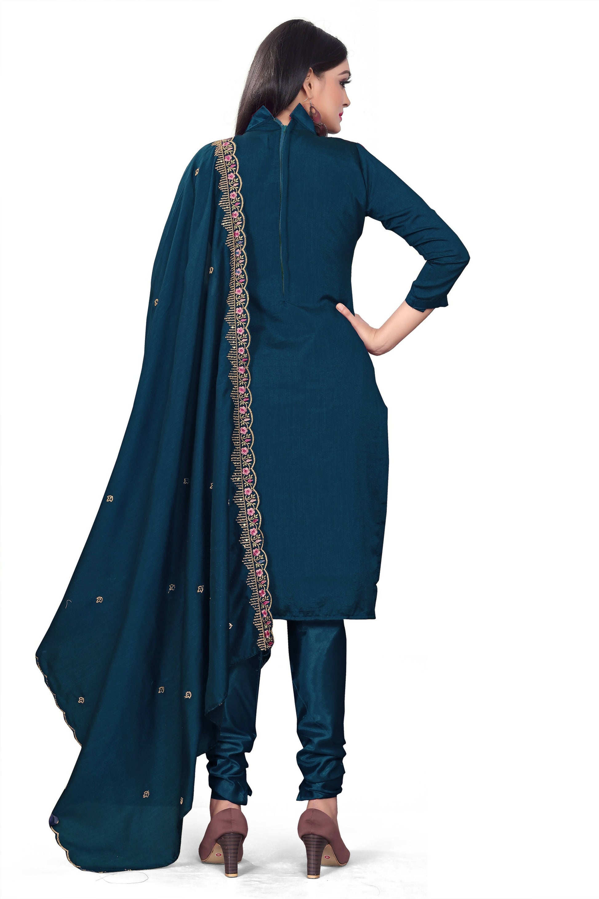 Blue Silk Embroidered with Sequins work Unstitched Dress Material - Tanvi - Distacart
