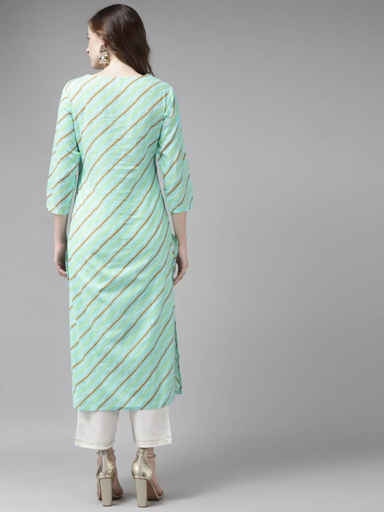 Yufta Women Sea Green Bandhani Striped Regular Sequined Pure Cotton Kurta with Palazzo