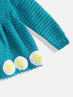 Thumbnail for Chutput Kids Woollen Hand Knitted Full Sleeves Daisy Detail Dress - Sea Green - Distacart