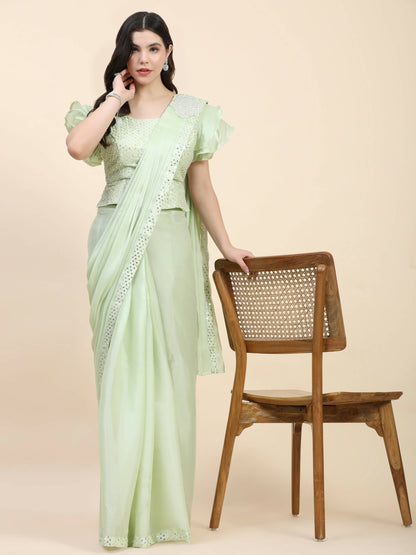 Light Green Silk Satin Sequence Work Ready to Wear Saree with stitched Blouse - Nirvana - Distacart