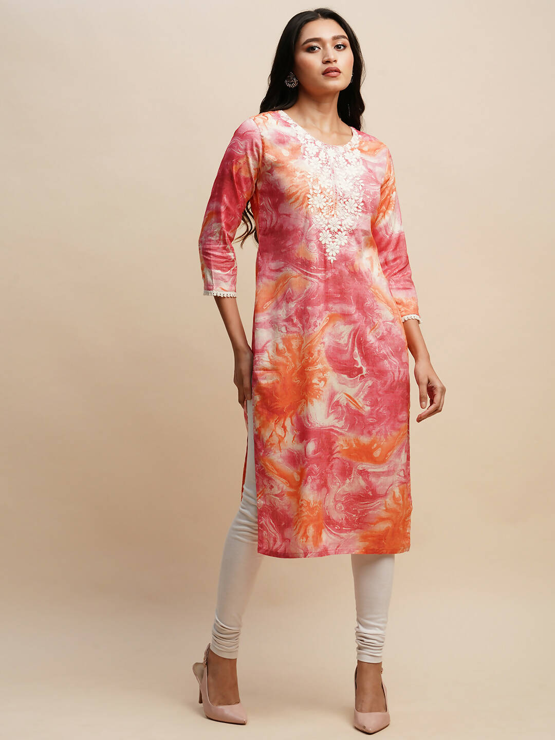 Pink Poly Rayon Tie dye Printed Straight Kurta - Samira - Distacart