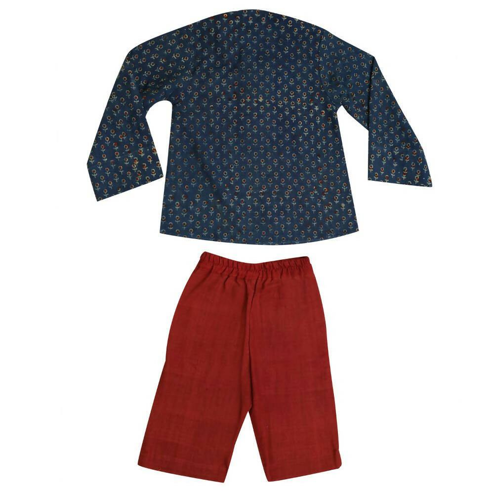 Mhyssa Scar Full Sleeve Blue Kurta With Full Length Maroon Pant Set For Kids - Distacart
