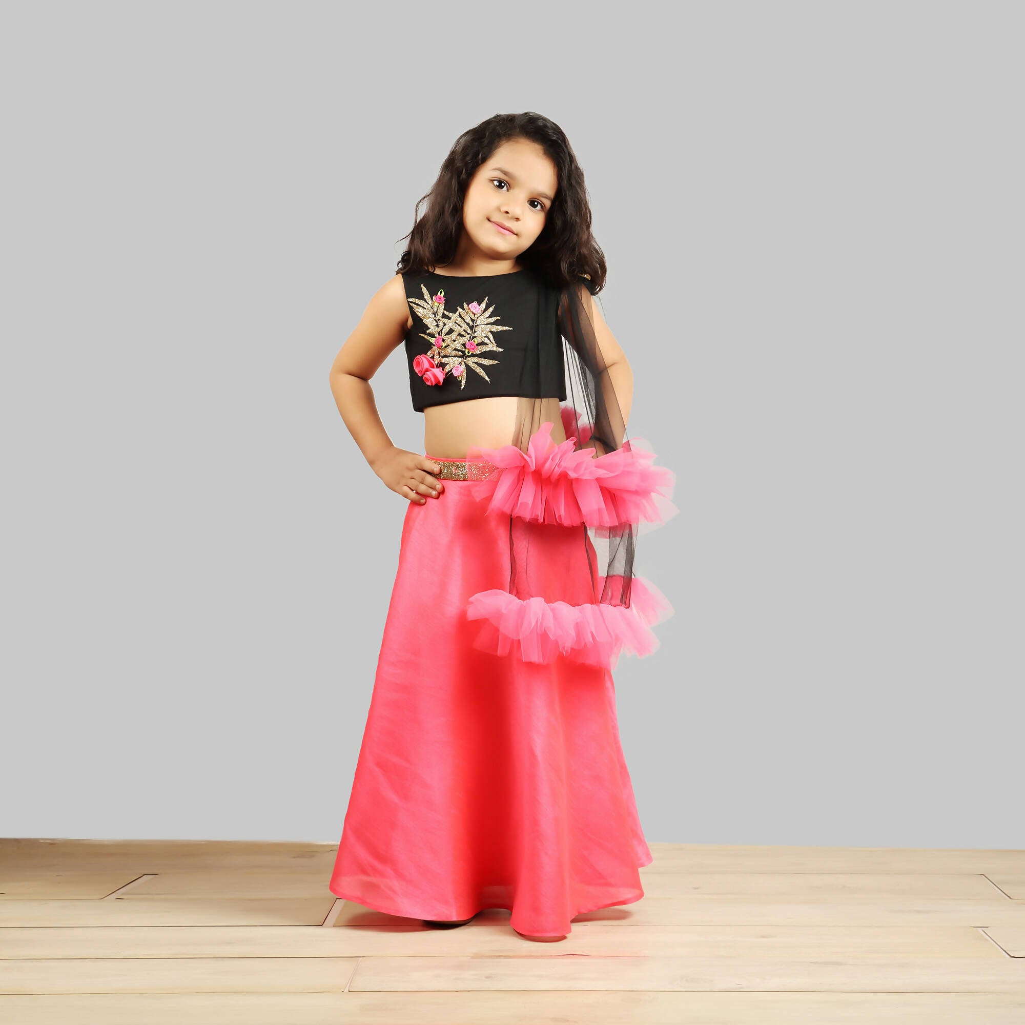 Pink Cow Fashions Black & Pink Ghagra Choli With Frill Dupatta - Distacart