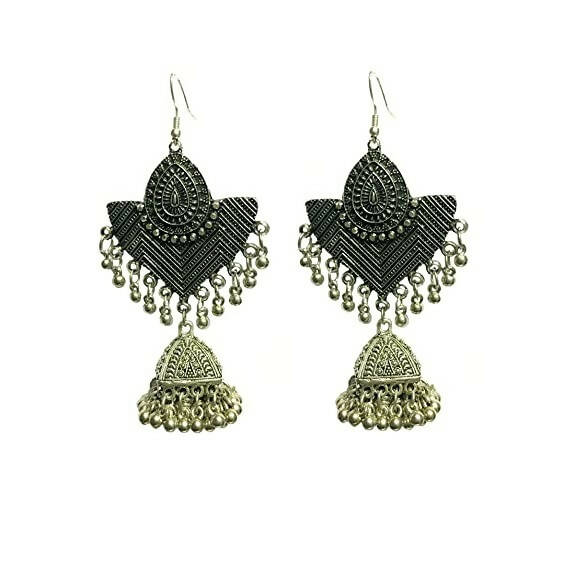 Tiaraa Silver Alloy Oxidised Ethnic Silver Beaded Jhumki Dangle Earrings For Women - Distacart