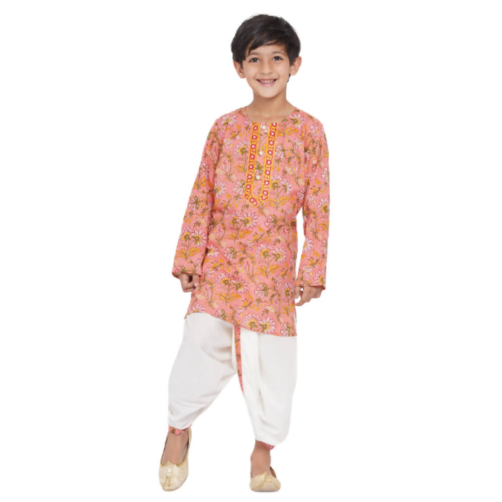 Little Bansi Bengali Kantha work floral kurta with Dhoti - Pink and White
