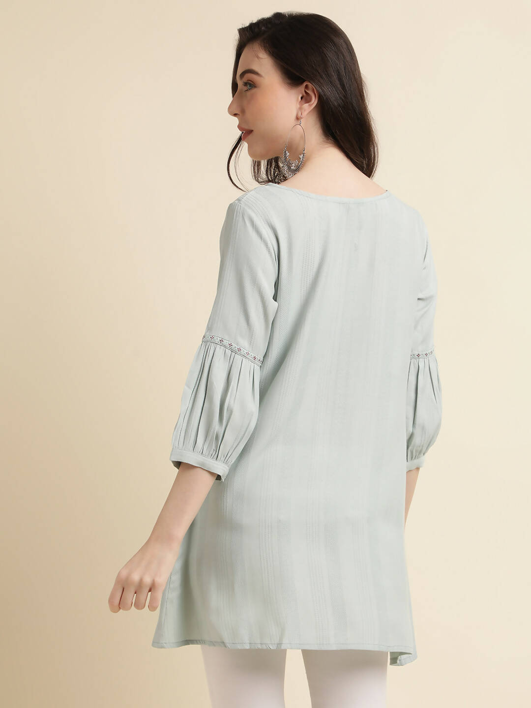 Light Blue Poly Cotton Yoke Embroidered A-line Top - Tarini - Distacart