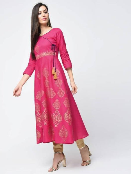 Aniyah Cotton Block Printed Angrakha Kurta Fuchsia (AN-132K)