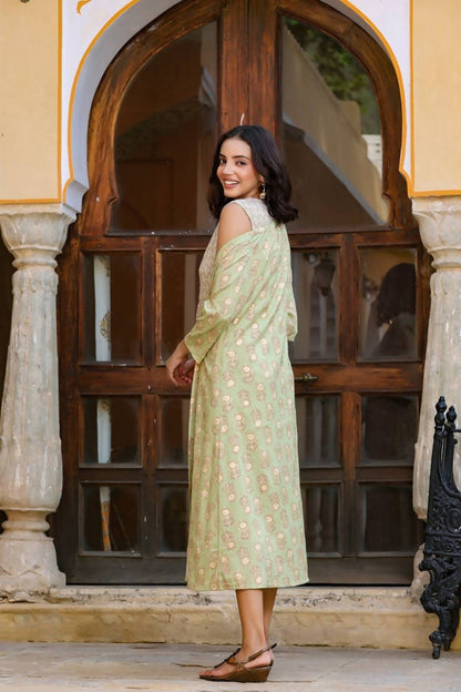 Yufta Green Printed and Embroidered Dress