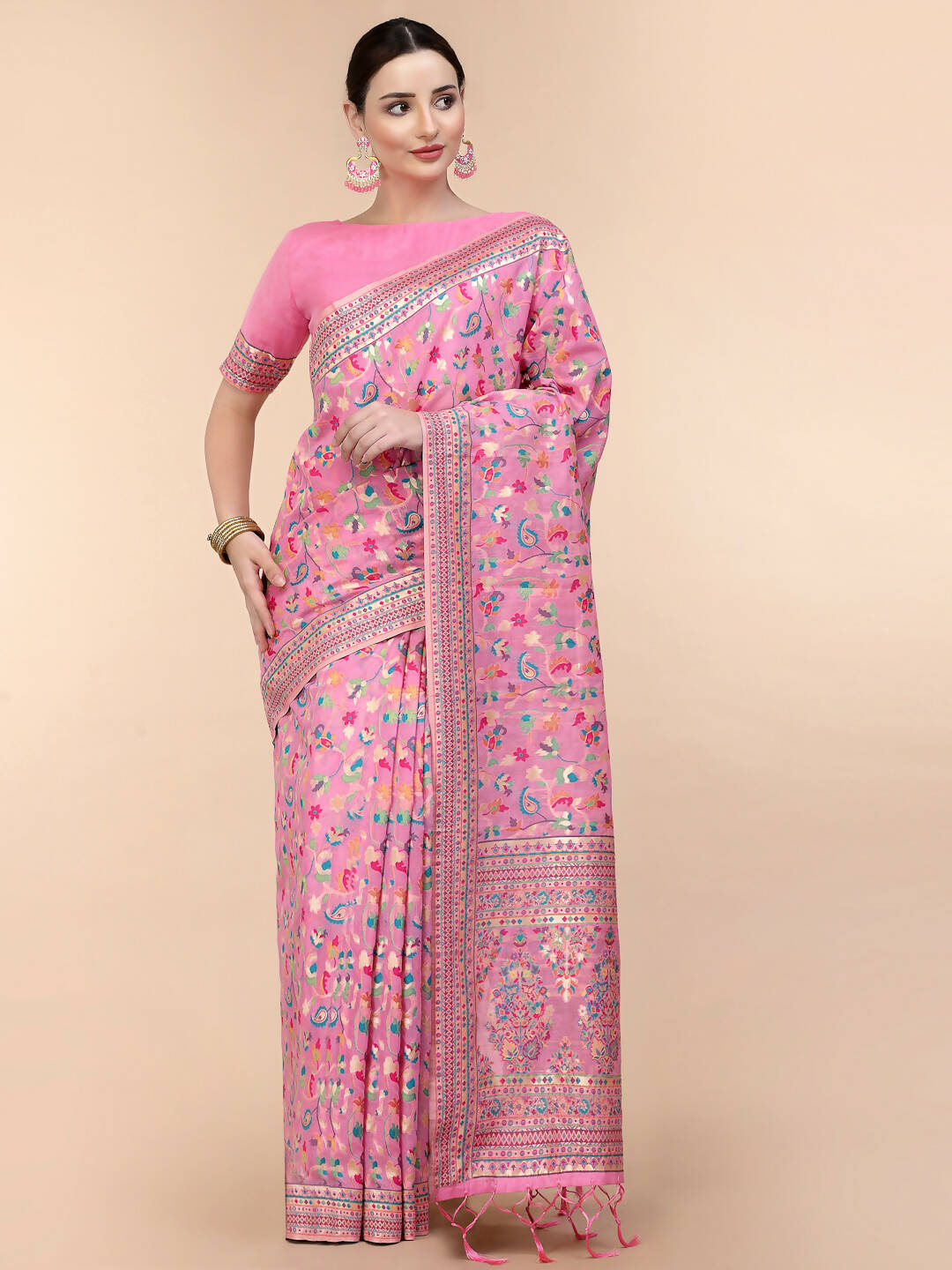Pink Silk Blend Woven Design Saree With Unstitched Blouse Piece - Aloki - Distacart