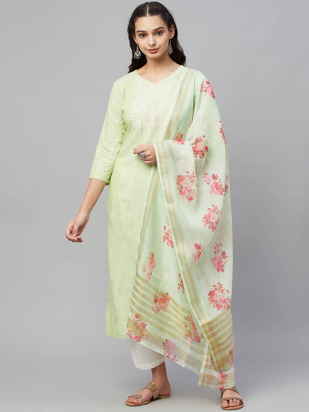 Myshka Green Embroidered 3/4 Sleeve V Neck Kurta Pant Dupatta Set - Distacart