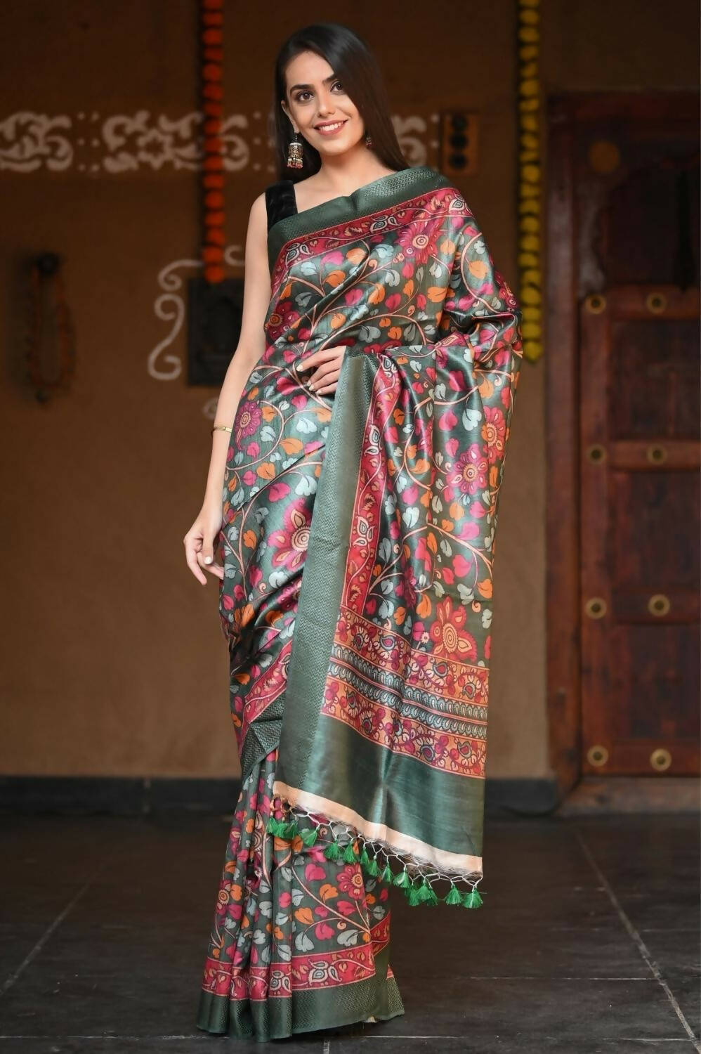 Very Much Indian Handloom Pure Tussar Silk With Floral Prints - Green - Distacart