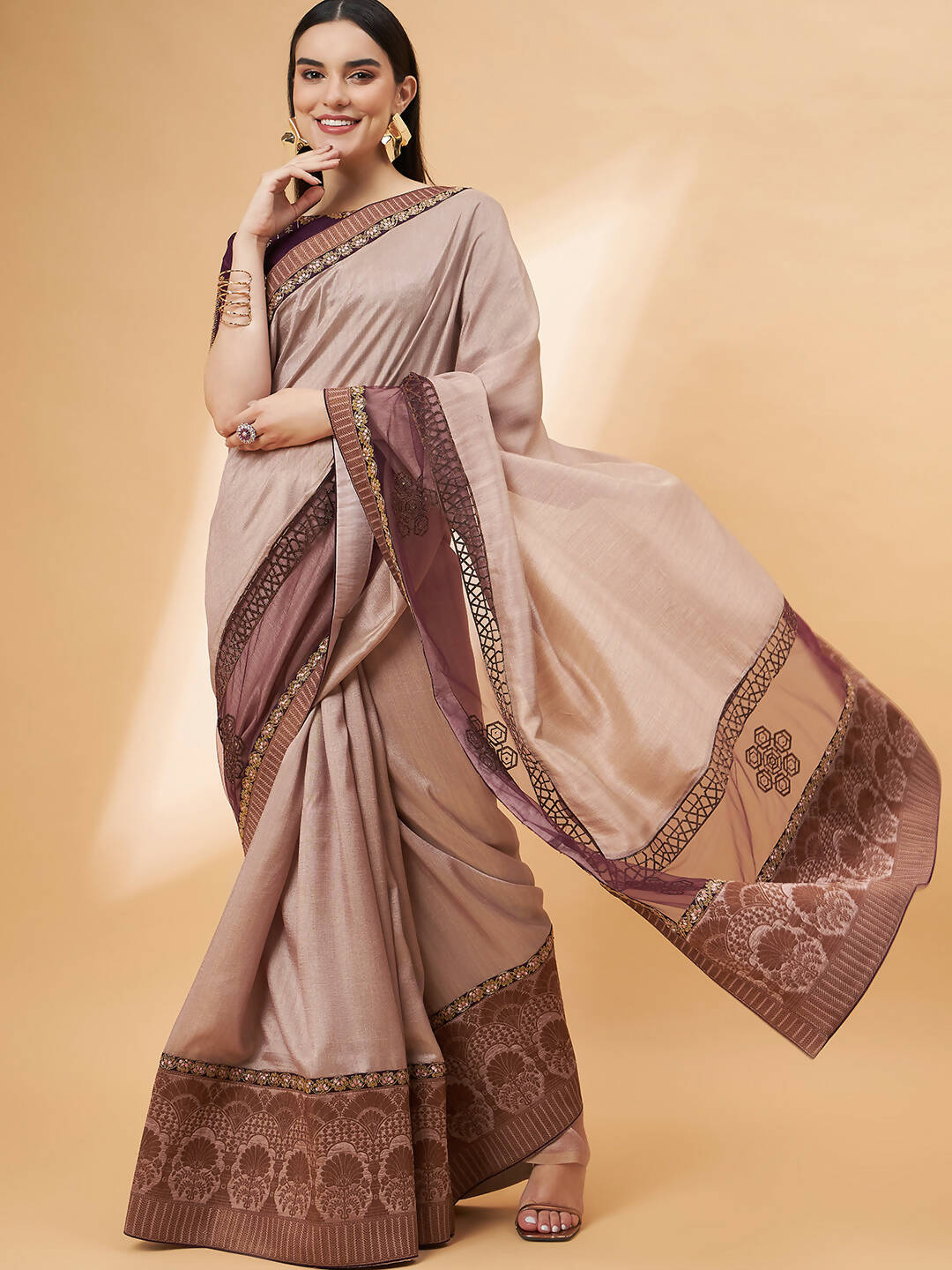 Beige, Purple Tussar Silk Zari, Thread And Cord Embroidery, Laser Cut Applique Saree - Norita Hit Design - Distacart