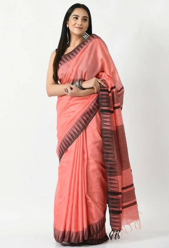 Mominos Fashion Moeza Gajari Pink Bhagalpuri Handloom Silk Black Temple Border Saree with unstitched Blouse piece - Distacart
