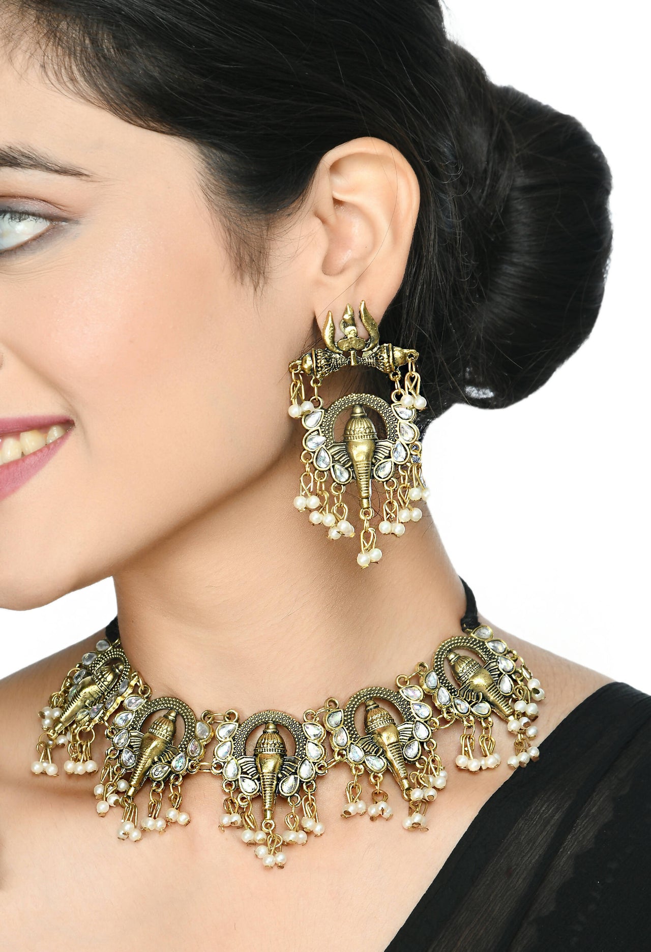 Mominos Fashion Johar Kamal Oxidised Gold-Plated Ganesha Design Necklace Choker Set - Distacart