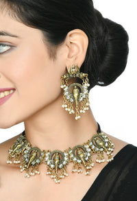 Thumbnail for Mominos Fashion Johar Kamal Oxidised Gold-Plated Ganesha Design Necklace Choker Set - Distacart